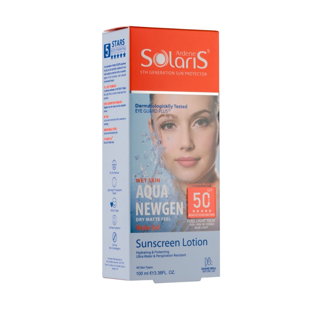 لوسیون ضد آفتاب آردن سولاریس مدل Aqua Newgen با +SPF50 مناسب انواع پوست حجم 100 میلی لیتر
